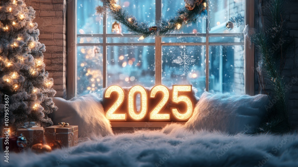 Poster The image shows a lit-up 2025 sign sitting on a window sill with a plush white surface. The sign is illuminated with warm, white lights and is the focal point of the image.