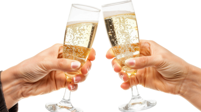 Hands toasting with champagne glasses on white transparent background

