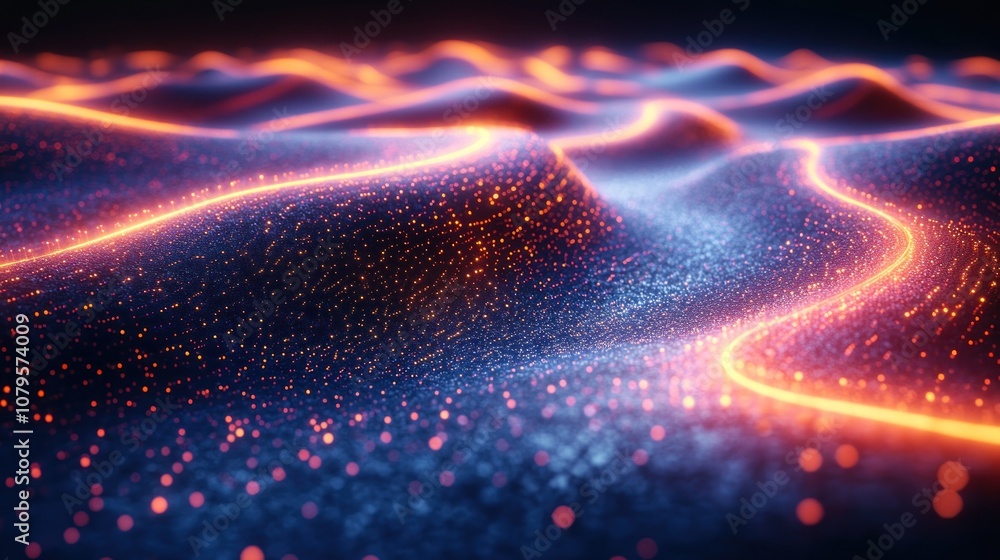 Poster abstract glowing landscape with flowing lines and shimmering particles.
