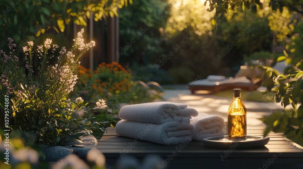 Poster a serene spa environment nestled in a vibrant garden featuring towels and oils illuminated by gentle