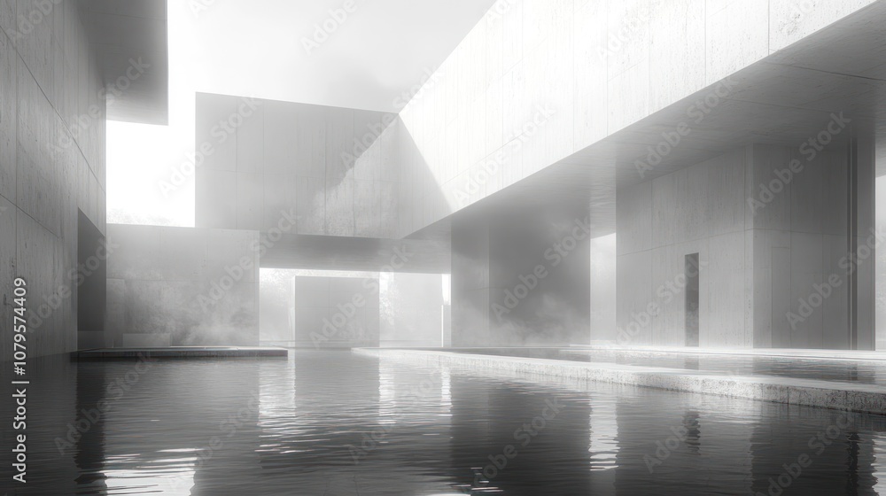 Poster minimalist architectural space with reflections and mist.