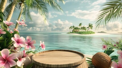 Obraz premium Tropical Beach Scene with Wooden Platform for Product Display, Palm Trees, Flowers, and Coconut