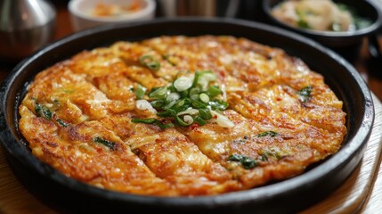 Kimchi pancake made from well fermented kimchi blended into a flour batter and pan fried with optional additions of finely chopped pork squid or clam meat