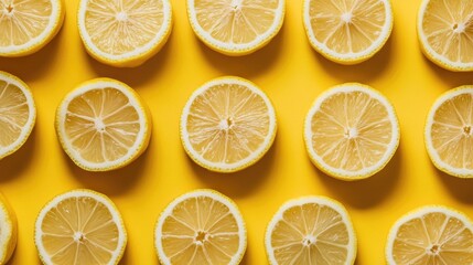 Lemon slices arranged horizontally on a vibrant yellow backdrop