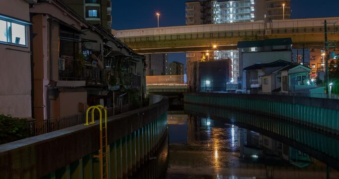 Osaka Residential Neighborhood Houses Night River Apartment Buildings City Timelapse 4K