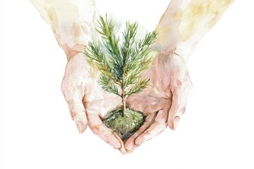 A gentle illustration of hands cradling a young pine tree, symbolizing care for nature and environmental growth.