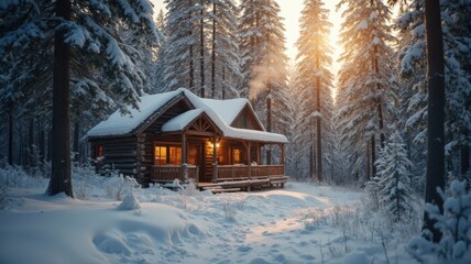Cozy Wooden Cabin Amidst Tall Pine Trees in Serene Winter Setting at Sunset, Surrounded by Fresh Snow, Offering Tranquility, Comfort, and a Peaceful Rustic Retreat in Nature