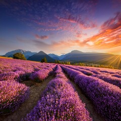 Obraz premium Rolling Fields of Lavender Flowers Stretching Across the Horizon, Framed by a Majestic Mountain Range and a Golden Sunset, Captured for a Vibrant Landscape Scene
