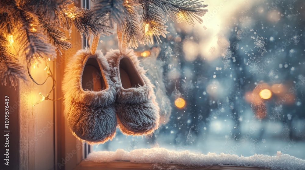 Aufkleber Two fuzzy slippers are hung from a branch of a Christmas tree. The window is covered in snow and the background is a blurry view of a winter landscape.