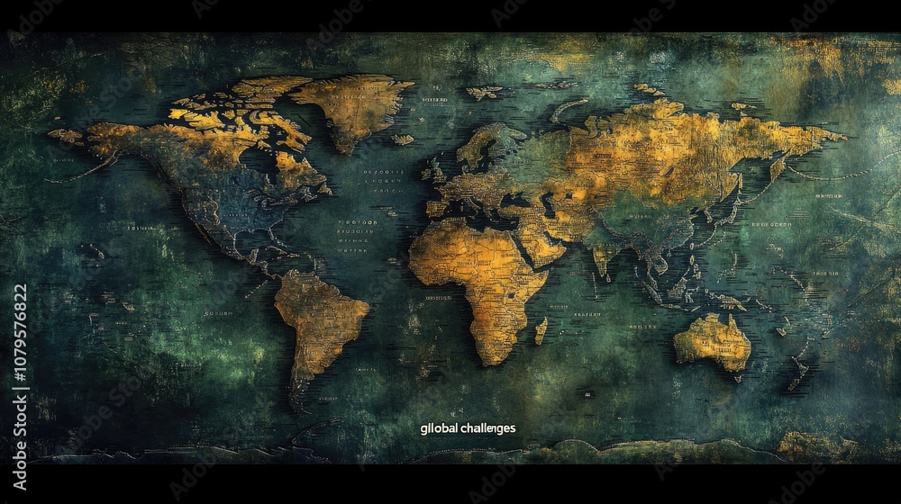 Poster world map with grunge texture and 'global challenges' text