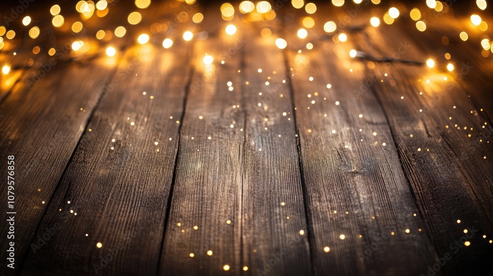 Poster sparkling bokeh lights and flares on a rustic brown wooden surface creating a festive background for