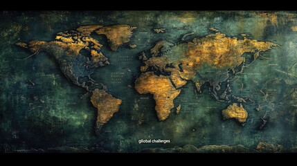 World Map with Grunge Texture and 'Global Challenges' Text