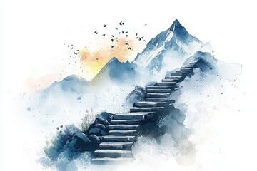 A stunning watercolor painting of a mountain staircase leading into misty peaks, evoking a sense of adventure and serenity.