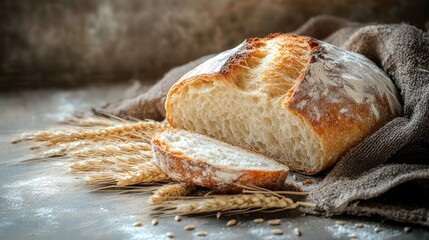 Sliced freshly baked bread with a golden crust accompanied by wheat stalks on a textured rustic backdrop