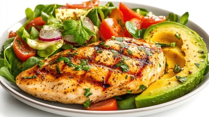 Nutritious lunch featuring grilled chicken breast vegetable salad and avocado Isolated image suitable for banners collages flyers and projects focused on healthy eating