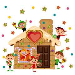 クリスマスとお菓子の可愛い家で楽しむ子供達