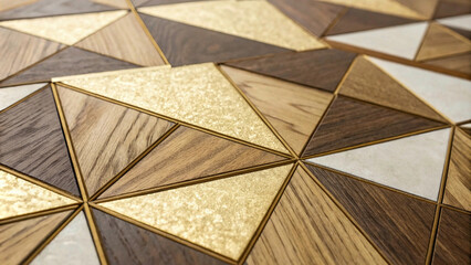 Abstract Composition of Geometric Shapes with Gold and Wood Accents, Perfect for Modern Decor and Backgrounds"