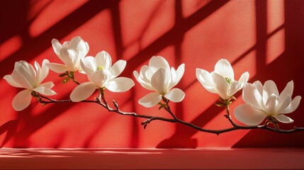 White magnolia blossoms on a branch against a red background with shadow patterns.