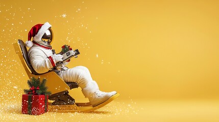 Whimsical scene of a Santa Claus astronaut in a spacesuit sitting in a rocking chair and delivering wrapped gifts amidst a starry galaxy backdrop during a cosmic Christmas