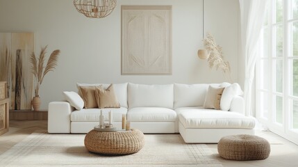 Bright and simple living room interior design featuring a white sofa and monotone decor creating a cozy and comfortable atmosphere with a beautiful backdrop