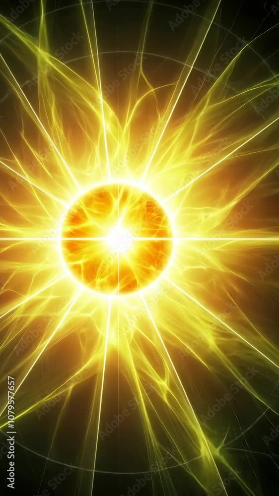 Poster a bright, glowing orb with rays of light emanating from it, creating a beautiful abstract design
