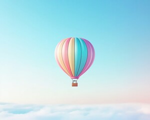 Obraz premium Vibrant Rainbow Hot Air Balloon Drifting Peacefully in Serene Sky Colorful Whimsical and Dreamlike Aerial Scene of a Solitary Balloon Floating in a Tranquil Airy Landscape