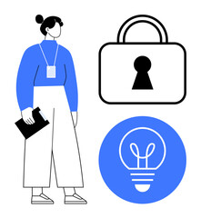 Business professional holding a clipboard, lock symbol, and light bulb icon. Ideal for security, innovation, corporate training, business strategy, problem-solving professional development. Line