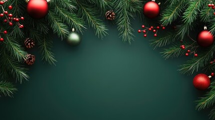 Christmas themed background featuring fir branches and decorative hanging ornaments