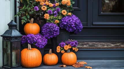 Halloween pumpkins and flowers arranged on a front porch showcasing seasonal home decor in vibrant orange and purple hues