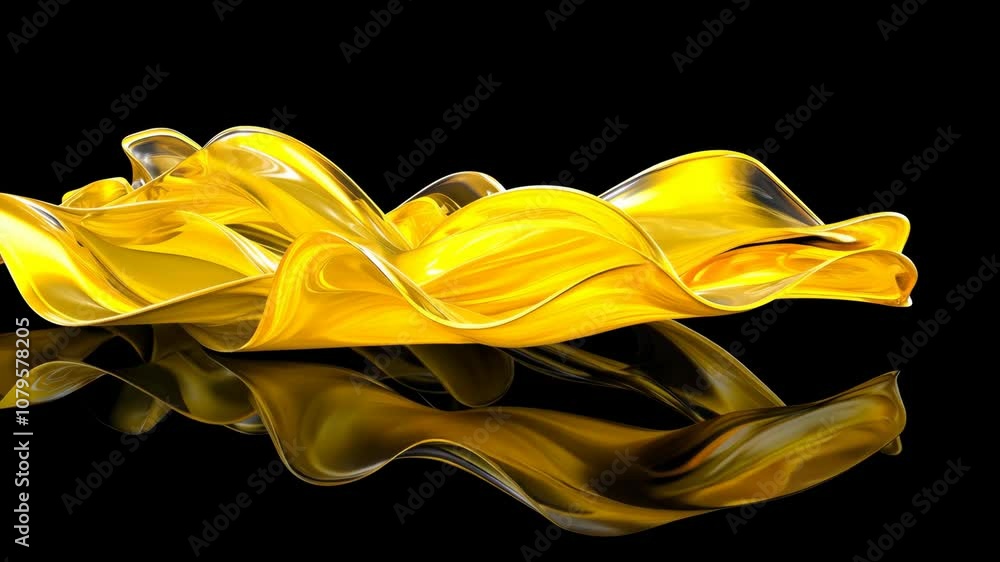 Poster a yellow liquid wave splashes and curves across a black background, creating a dynamic abstract shap
