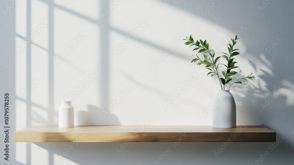 Poster minimalistic mockup scene featuring a wooden shelf with ample white space for product display