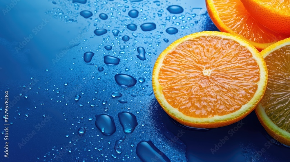 Aufkleber citrus fruits with water droplets against a blue backdrop featuring ample space for text a refreshin