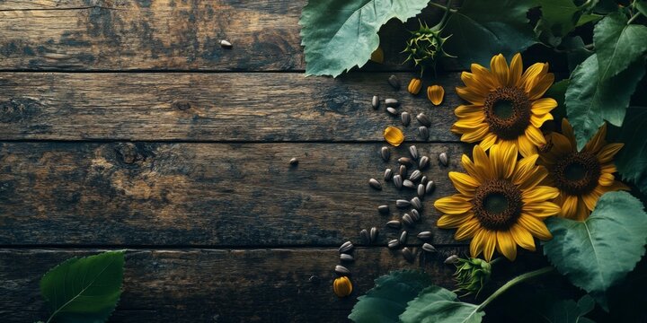 unflower seeds scattered across a rustic wooden table with a few sunflowers and leaves surrounding them, evoking a natural, organic fee,space for text