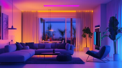 Modern Living Room with Neon Lighting and Cozy Vibes