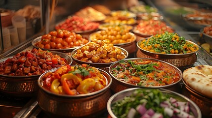 Obraz premium Assorted Indian Cuisine Dishes in Traditional Serving Bowls Capturing the Vibrant Flavors and Rich Culinary Heritage of India's Diverse Gastronomy, Perfect for Showcasing Authentic Dining Experiences.