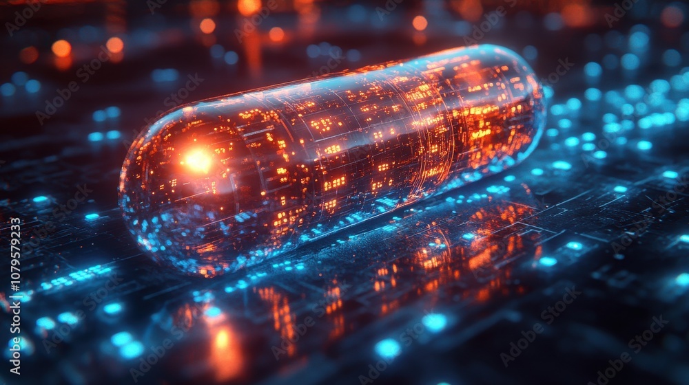 Poster capsule and blue luminous lines 3d rendering
