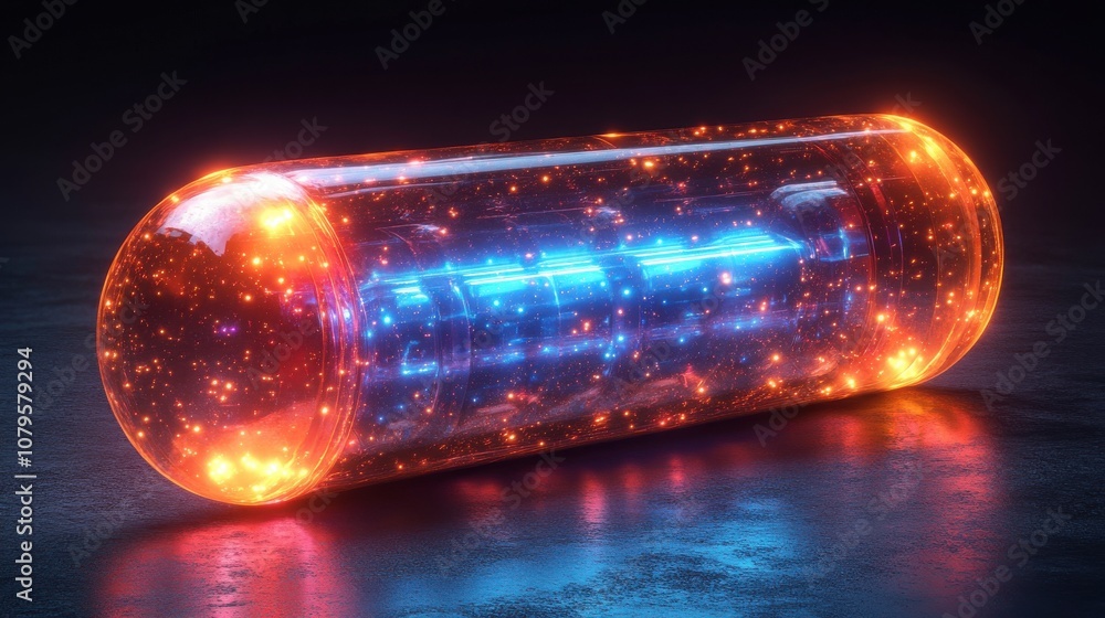 Poster capsule and blue luminous lines 3d rendering
