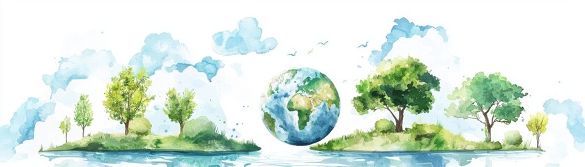 Naklejka premium A vibrant watercolor illustration of the Earth surrounded by green trees and blue skies, symbolizing nature and sustainability.