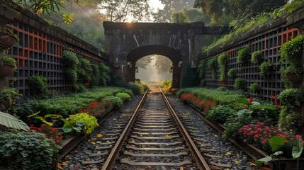 Obraz premium A train track with a garden on either side