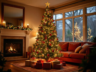 Wide-Angle Shot of Decorated Christmas Tree in Cozy Living Room with Red, Gold, and Green Ornaments and Wrapped Gifts Underneath, Emphasizing Warm Holiday Atmosphere and Festive Season Decor