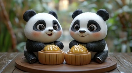 Obraz premium cartoon panda and chinese food baozi 3d rendering