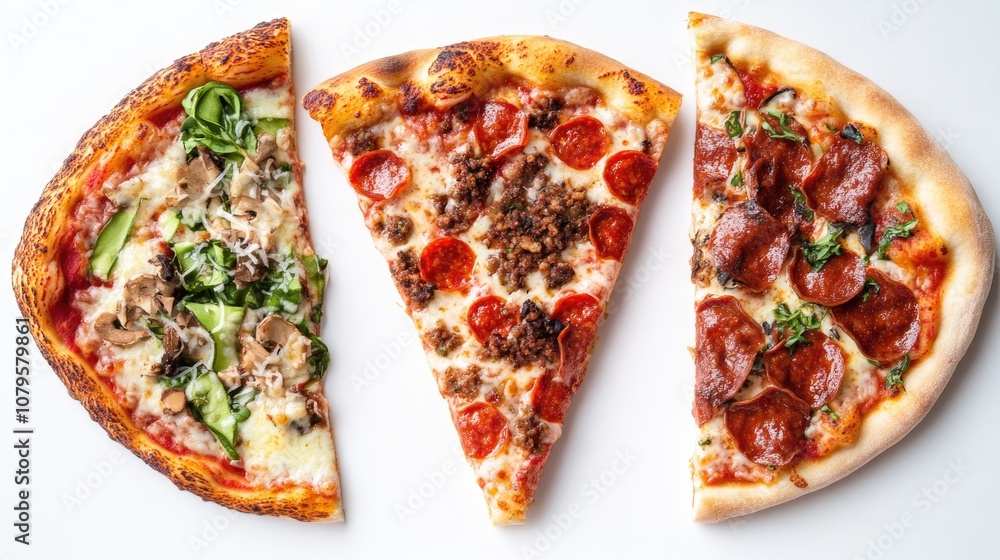 Poster three distinct slices of pizza each featuring unique toppings