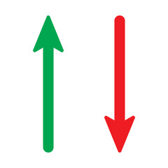 Simple up and down arrows. Upward, downward arrows in green and red isolated on white background, set of two. Vector illustration. EPS 10
