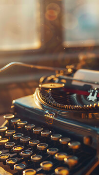 Vintage Typewriter with Warm Lighting and Reflection
