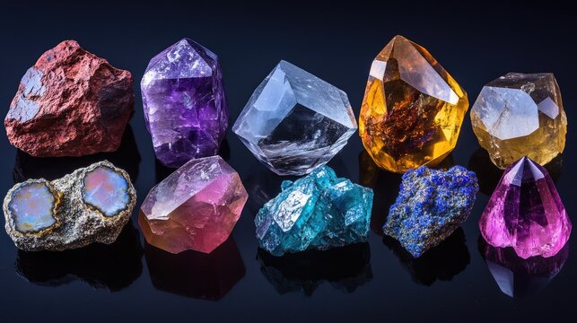 Diamond with a glossy black background showcasing a variety of natural gemstones including amethyst lapis lazuli rose quartz citrine ruby amazonite moonstone labradorite chalcedony and blue topaz