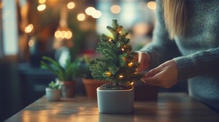Festive Businesswoman Decorating Office Desk with Mini Christmas Tree, Creating a Festive Workplace Vibe