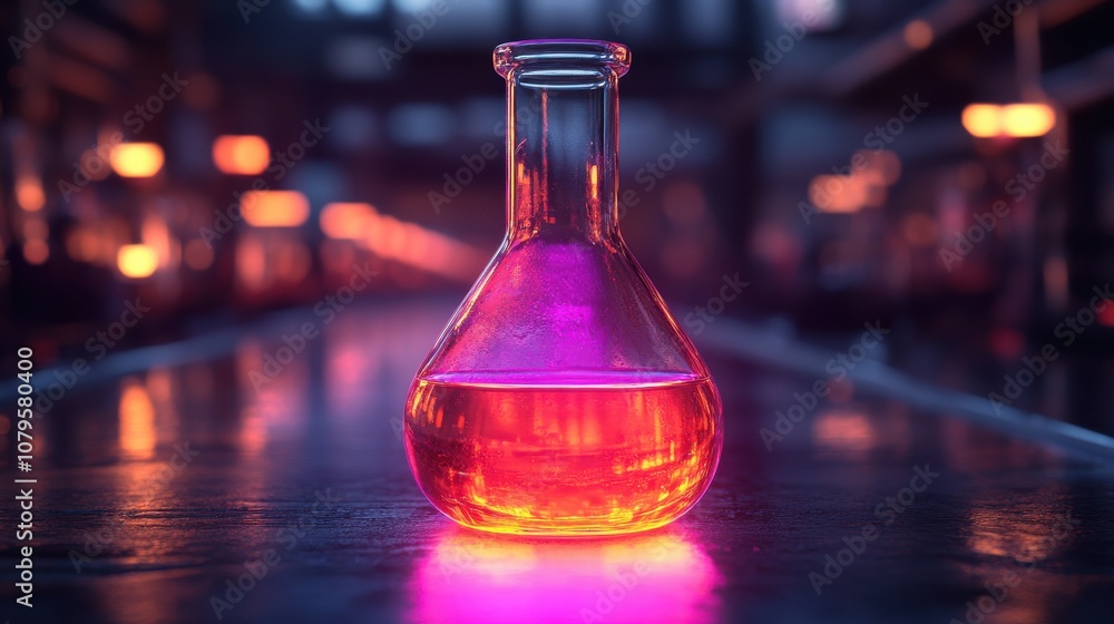 Poster chemical flask with dark neon light effect 3d rendering