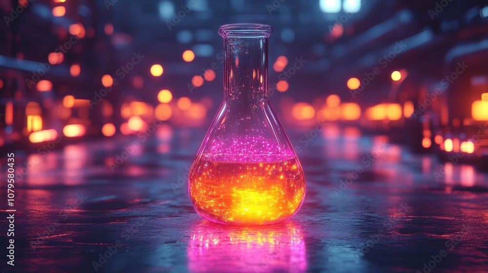 Poster chemical flask with dark neon light effect 3d rendering