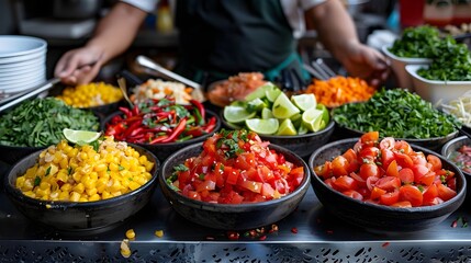 Bustling street food stall showcasing fresh ingredients in a vibrant market, perfect for food enthusiasts, culinary blogs, and travel magazines highlighting the joy of local cuisine.