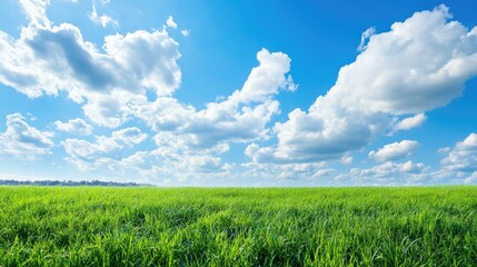 Obraz premium Lush green grass field under a blue sky adorned with fluffy clouds on the horizon